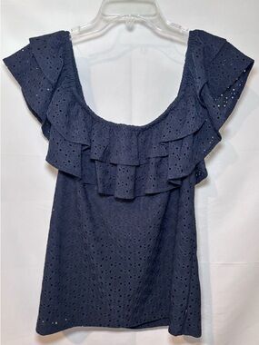 Tommy Hilfiger Eyelet Lace Ruffled Navy Top Size Medium